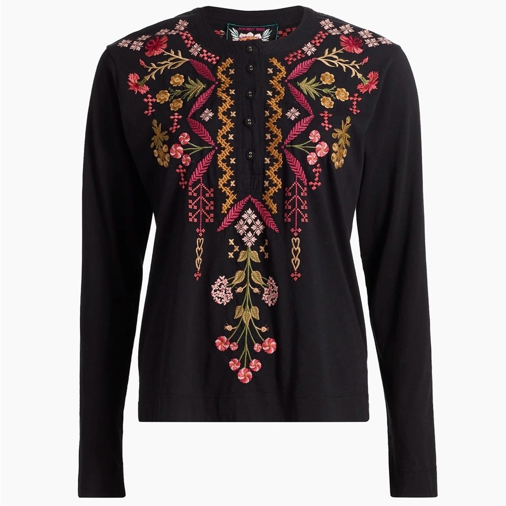 NWT Johnny Was XL Embroidered Cotton Henley Top